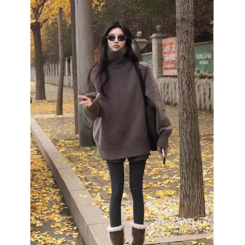 慵懶風棕色中長款高領毛衣女冬季加厚高級感套頭浣熊絨針織衫外穿