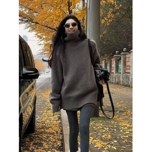 慵懶風棕色中長款高領毛衣女冬季加厚高級感套頭浣熊絨針織衫外穿