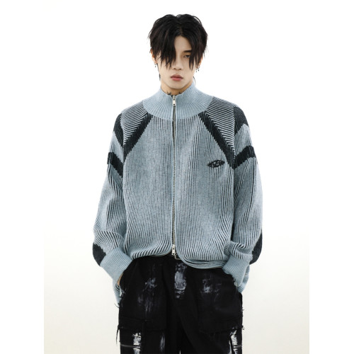 美式復古設計感小衆撞色條紋高領毛衣男潮牌秋冬情侶針織開衫外套