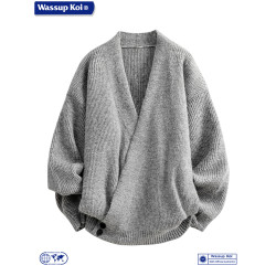 WASSUP KOI新中式極簡復古男士V領針織衫灰色寬松慵懶風毛衣外套