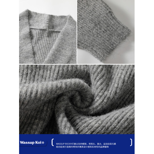 WASSUP KOI新中式極簡復古男士V領針織衫灰色寬松慵懶風毛衣外套