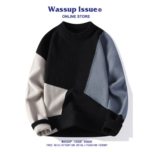 WASSUP ISSUE假兩件寬松翻領毛衣男款春秋季撞色內搭保暖針織衫男