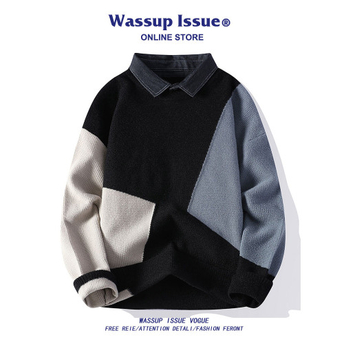 WASSUP ISSUE假兩件寬松翻領毛衣男款春秋季撞色內搭保暖針織衫男