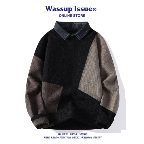 WASSUP ISSUE假兩件寬松翻領毛衣男款春秋季撞色內搭保暖針織衫男