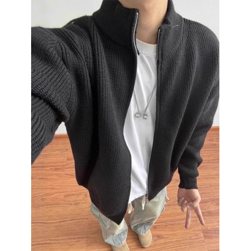 高級感灰色拉鍊毛衣男裝大碼春秋半高領針織開衫線衣慵懶正肩外套