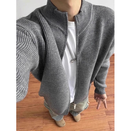 高級感灰色拉鍊毛衣男裝大碼春秋半高領針織開衫線衣慵懶正肩外套