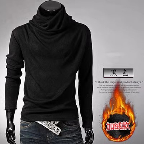 加絨加厚長袖上衣堆堆領打底衫男士高領針織黑色內搭衣服彈力冬季