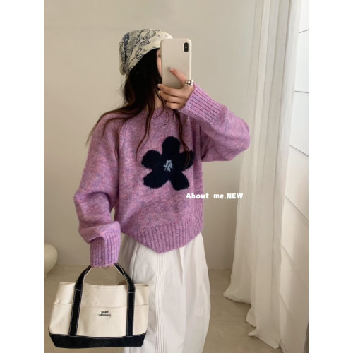 韓系花朵提花圓領毛衣女2025秋冬寬松洋氣短款套頭毛針織衫上衣潮 韓系花朵提花圓領毛衣女2025秋冬寬松洋氣短款套頭毛針織衫上衣潮