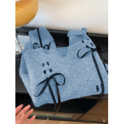 灰藍綁帶蝴蝶結圓領毛衣女秋冬甜酷慵懶風寬松顯瘦百搭針織衫上衣