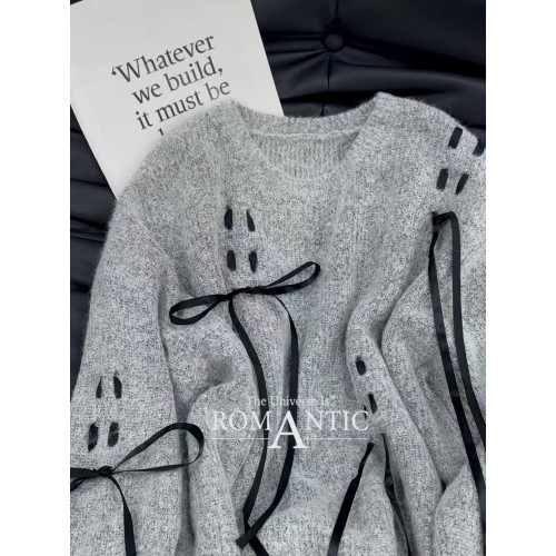 灰藍綁帶蝴蝶結圓領毛衣女秋冬甜酷慵懶風寬松顯瘦百搭針織衫上衣