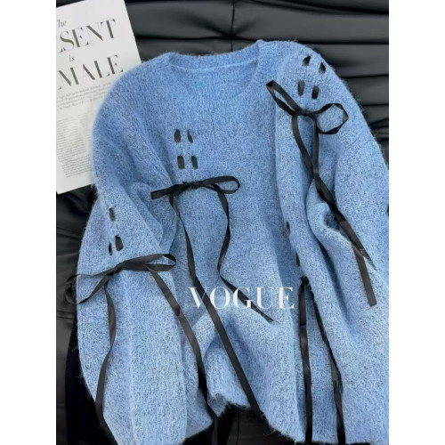 灰藍綁帶蝴蝶結圓領毛衣女秋冬甜酷慵懶風寬松顯瘦百搭針織衫上衣