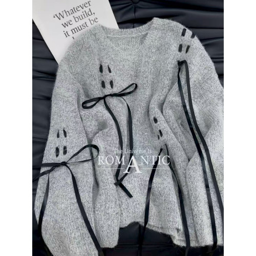 灰藍綁帶蝴蝶結圓領毛衣女秋冬甜酷慵懶風寬松顯瘦百搭針織衫上衣