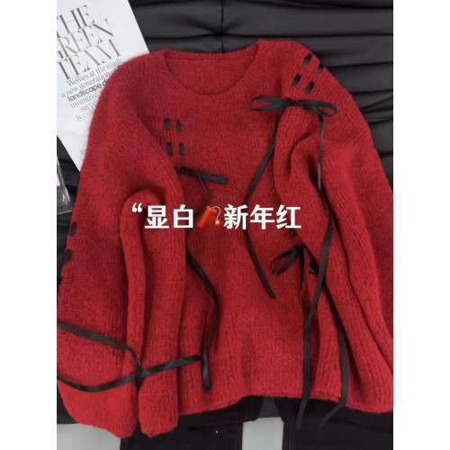 灰藍綁帶蝴蝶結圓領毛衣女秋冬甜酷慵懶風寬松顯瘦百搭針織衫上衣