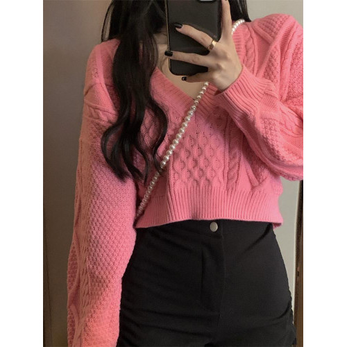 麻花毛衣罩衫女裝秋季2022年新款針織衫v領短款寬松外穿長袖上衣 麻花毛衣罩衫女裝秋季2022年新款針織衫v領短款寬松外穿長袖上衣