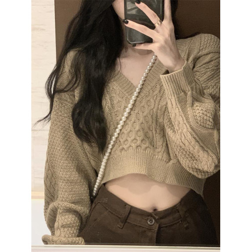 麻花毛衣罩衫女裝秋季2022年新款針織衫v領短款寬松外穿長袖上衣 麻花毛衣罩衫女裝秋季2022年新款針織衫v領短款寬松外穿長袖上衣