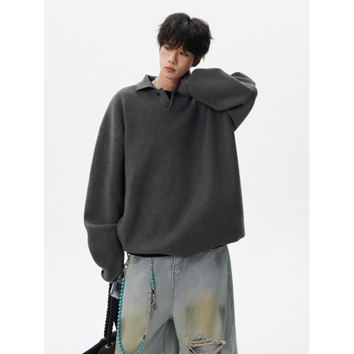 美式純色POLO領針織衫男冬高街休閒情侶毛衣潮牌cleanfit百搭上衣