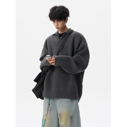 美式純色POLO領針織衫男冬高街休閒情侶毛衣潮牌cleanfit百搭上衣