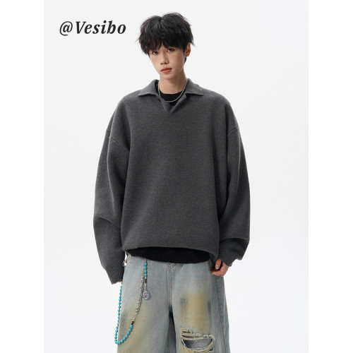 美式純色POLO領針織衫男冬高街休閒情侶毛衣潮牌cleanfit百搭上衣