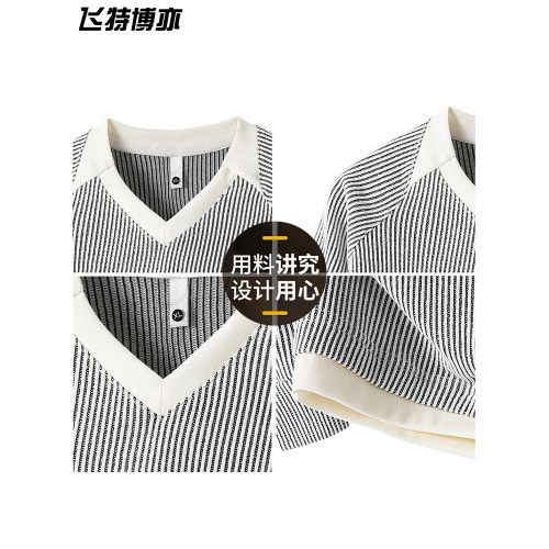 v領毛衣男款秋冬季潮流慵懶風假兩件長袖t恤加肥加大碼男裝針織衫 v領毛衣男款秋冬季潮流慵懶風假兩件長袖t恤加肥加大碼男裝針織衫