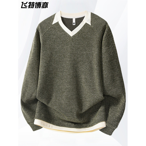 v領毛衣男款秋冬季潮流慵懶風假兩件長袖t恤加肥加大碼男裝針織衫 v領毛衣男款秋冬季潮流慵懶風假兩件長袖t恤加肥加大碼男裝針織衫