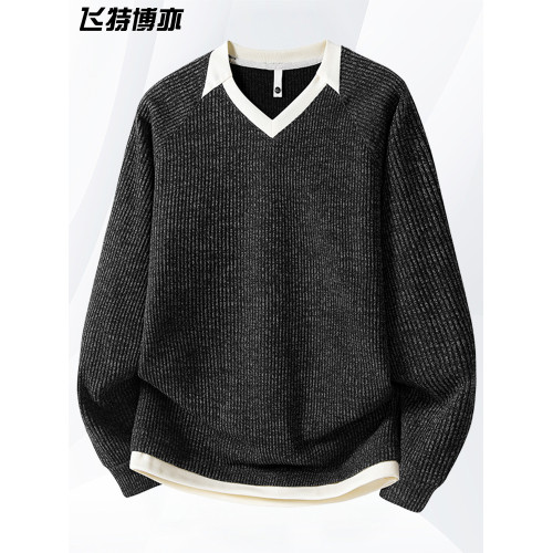 v領毛衣男款秋冬季潮流慵懶風假兩件長袖t恤加肥加大碼男裝針織衫 v領毛衣男款秋冬季潮流慵懶風假兩件長袖t恤加肥加大碼男裝針織衫