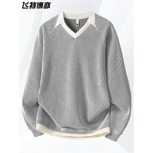 v領毛衣男款秋冬季潮流慵懶風假兩件長袖t恤加肥加大碼男裝針織衫 v領毛衣男款秋冬季潮流慵懶風假兩件長袖t恤加肥加大碼男裝針織衫