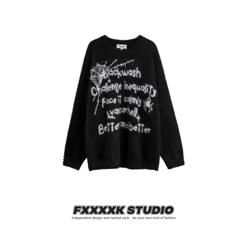 FXK原創 美式高街亞比風蜘蛛刺綉提花針織衫寬鬆情侶水貂毛毛衣