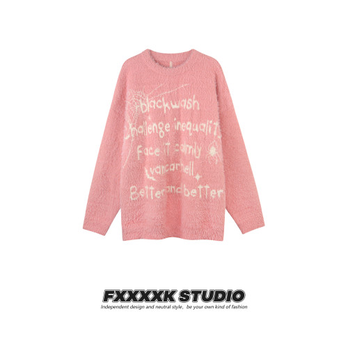 FXK原創 美式高街亞比風蜘蛛刺綉提花針織衫寬鬆情侶水貂毛毛衣