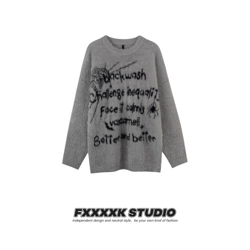 FXK原創 美式高街亞比風蜘蛛刺綉提花針織衫寬鬆情侶水貂毛毛衣