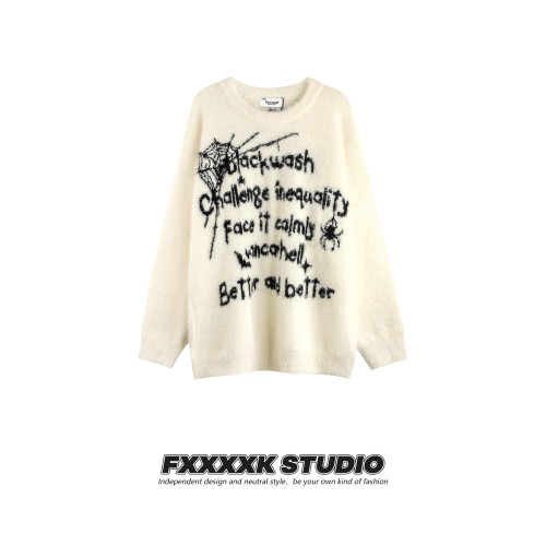 FXK原創 美式高街亞比風蜘蛛刺綉提花針織衫寬鬆情侶水貂毛毛衣