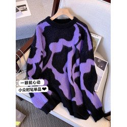 歐貨時尚漂亮紫色豹紋毛衣女早秋裝大碼胖mm顯瘦中長款針織衫上衣