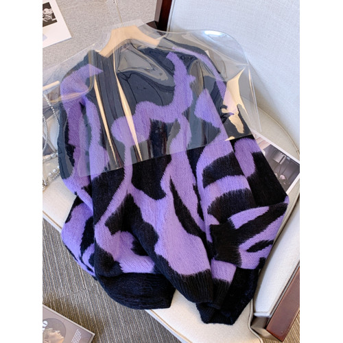 歐貨時尚漂亮紫色豹紋毛衣女早秋裝大碼胖mm顯瘦中長款針織衫上衣