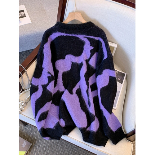 歐貨時尚漂亮紫色豹紋毛衣女早秋裝大碼胖mm顯瘦中長款針織衫上衣