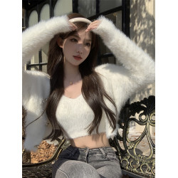 藍色水貂毛v領針織外套女秋季軟糯寬松毛絨開衫上衣白色短款毛衣