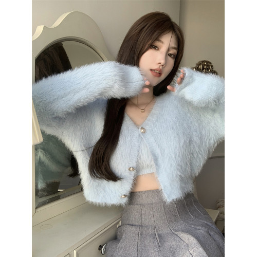 藍色水貂毛v領針織外套女秋季軟糯寬松毛絨開衫上衣白色短款毛衣 藍色水貂毛v領針織外套女秋季軟糯寬松毛絨開衫上衣白色短款毛衣