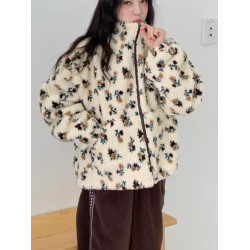 復古慵懶風撞色提花羊羔毛衛衣外套女2025冬季新款半拉鍊寬松上衣