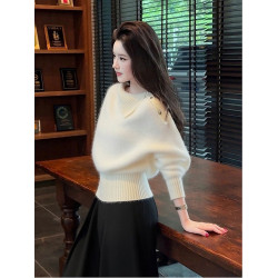 端莊大氣米白色短款收腰毛衣女2025年秋季新款奶fufu軟糯針織上衣