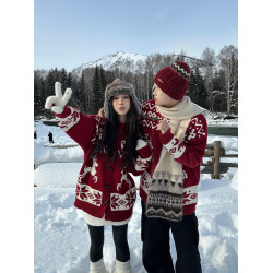 美式復古麋鹿提花毛衣男女氛圍感牛角釦針織衫寬鬆秋冬情侶裝紅色