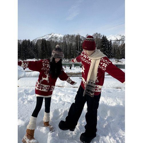 美式復古麋鹿提花毛衣男女氛圍感牛角釦針織衫寬鬆秋冬情侶裝紅色