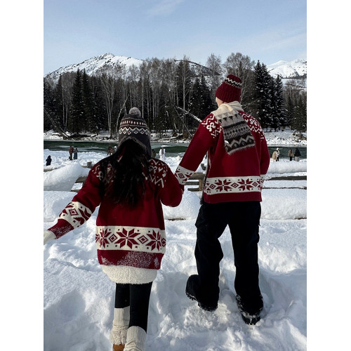 美式復古麋鹿提花毛衣男女氛圍感牛角釦針織衫寬鬆秋冬情侶裝紅色