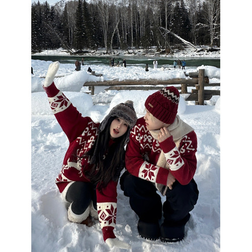 美式復古麋鹿提花毛衣男女氛圍感牛角釦針織衫寬鬆秋冬情侶裝紅色