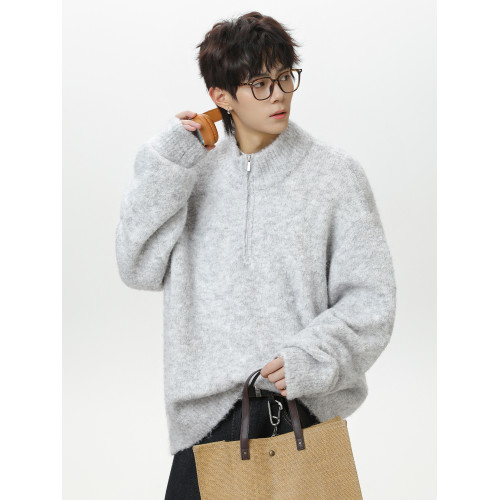 深灰色半拉鍊立領毛衣男款秋冬潮牌新款寬松慵懶風套頭針織衫外套 深灰色半拉鍊立領毛衣男款秋冬潮牌新款寬松慵懶風套頭針織衫外套