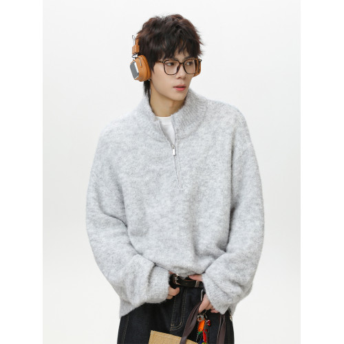 深灰色半拉鍊立領毛衣男款秋冬潮牌新款寬松慵懶風套頭針織衫外套 深灰色半拉鍊立領毛衣男款秋冬潮牌新款寬松慵懶風套頭針織衫外套