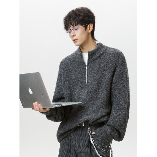 深灰色半拉鍊立領毛衣男款秋冬潮牌新款寬松慵懶風套頭針織衫外套 深灰色半拉鍊立領毛衣男款秋冬潮牌新款寬松慵懶風套頭針織衫外套