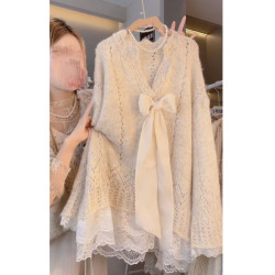 女秋冬季甜美外穿毛衣法式高級設計感蕾絲拼接公主風小衫軟糯上衣