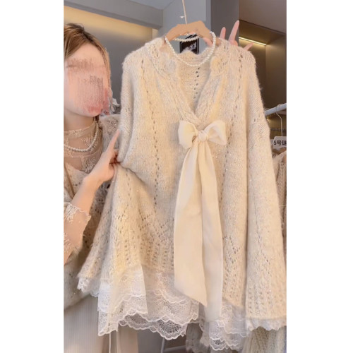 女秋冬季甜美外穿毛衣法式高級設計感蕾絲拼接公主風小衫軟糯上衣 女秋冬季甜美外穿毛衣法式高級設計感蕾絲拼接公主風小衫軟糯上衣