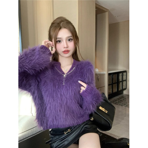 設計感仿水貂毛毛衣寬松慵懶風長袖v領女秋冬短款套頭針織衫上衣 設計感仿水貂毛毛衣寬松慵懶風長袖v領女秋冬短款套頭針織衫上衣