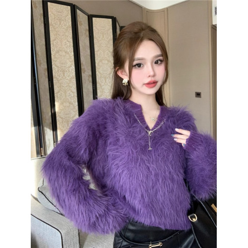 設計感仿水貂毛毛衣寬松慵懶風長袖v領女秋冬短款套頭針織衫上衣 設計感仿水貂毛毛衣寬松慵懶風長袖v領女秋冬短款套頭針織衫上衣