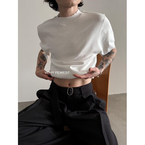 VERY FEWEST 時髦極簡立領短袖針織衫男女款百搭松弛感上衣打底衫