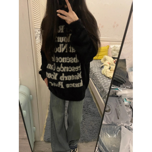 軟糯提花字母復古毛衣秋冬水貂毛黑色慵懶風圓領針織衫女寬松上衣 軟糯提花字母復古毛衣秋冬水貂毛黑色慵懶風圓領針織衫女寬松上衣